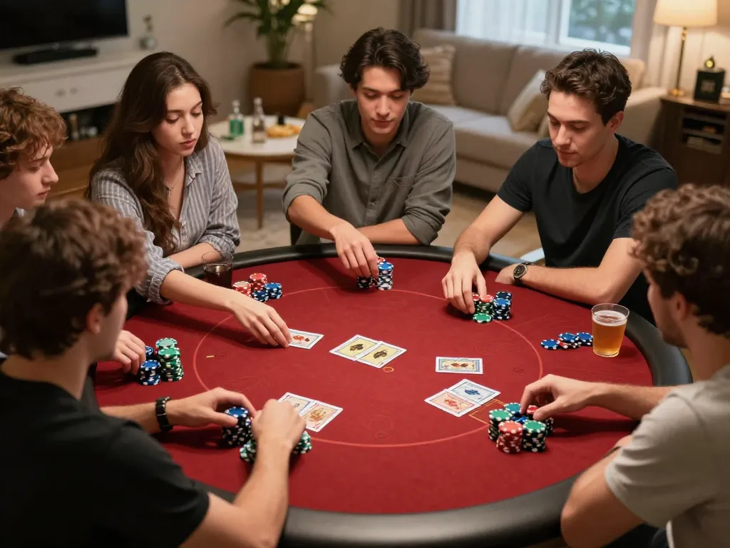Friends playing poker at home showcasing tg88 strategy and excitement within a cozy atmosphere