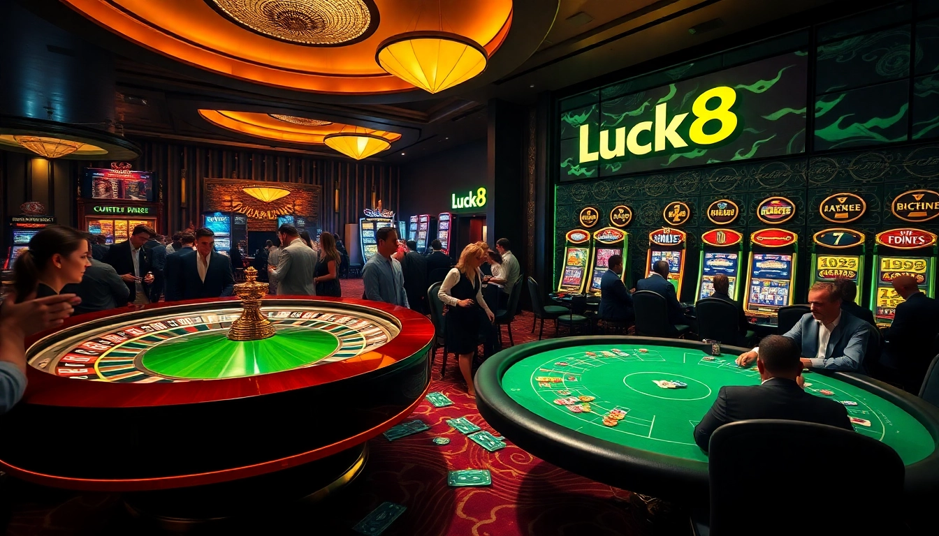 Luck8 players engaging in a thrilling game at a luxurious casino table with vibrant lights.