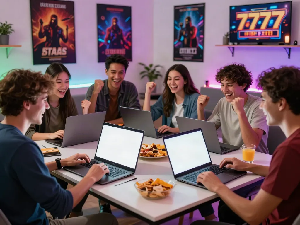 Teman-teman sedang bermain game slot777 dengan penuh semangat di ruang modern.