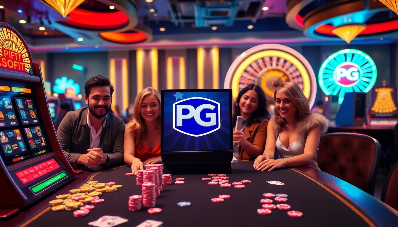 Players enjoying a vibrant PG Soft slot machine experience in a luxury casino setting.