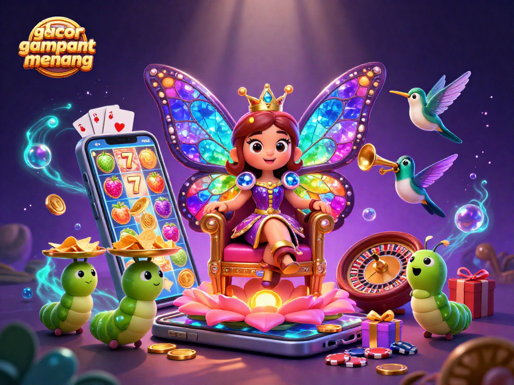 Experience epic wins with slot gacor gampang menang as colorful casino elements surround a magical scene.