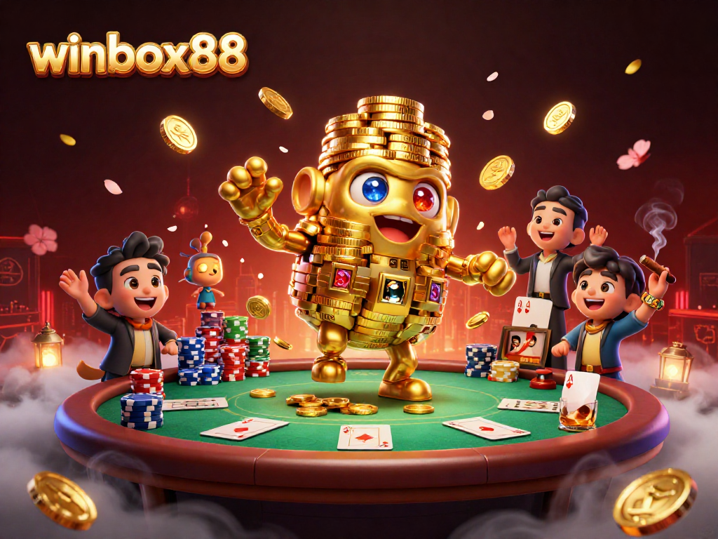 Winbox88 gaming scene featuring a golden golem, poker elements, and dramatic casino atmosphere