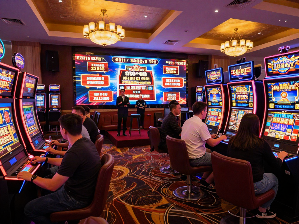 Players enjoying the thrill of slot bonus games in a vibrant casino atmosphere with flashing lights.