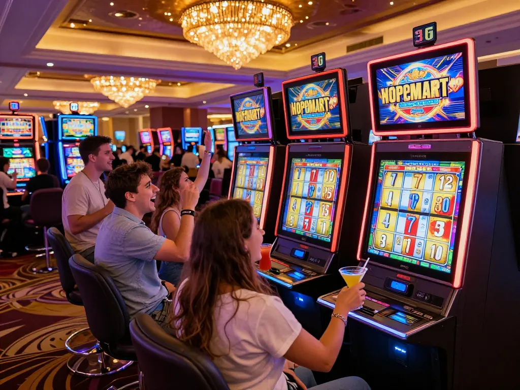 Exciting gaming scene with friends cheering around link slot machines in a lively casino