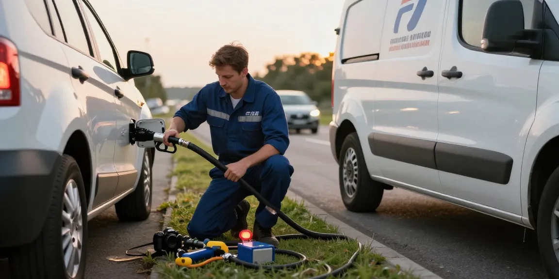 Technician performing fuel drainage on a diesel in petrol car roadside, ensuring safe recovery and service.