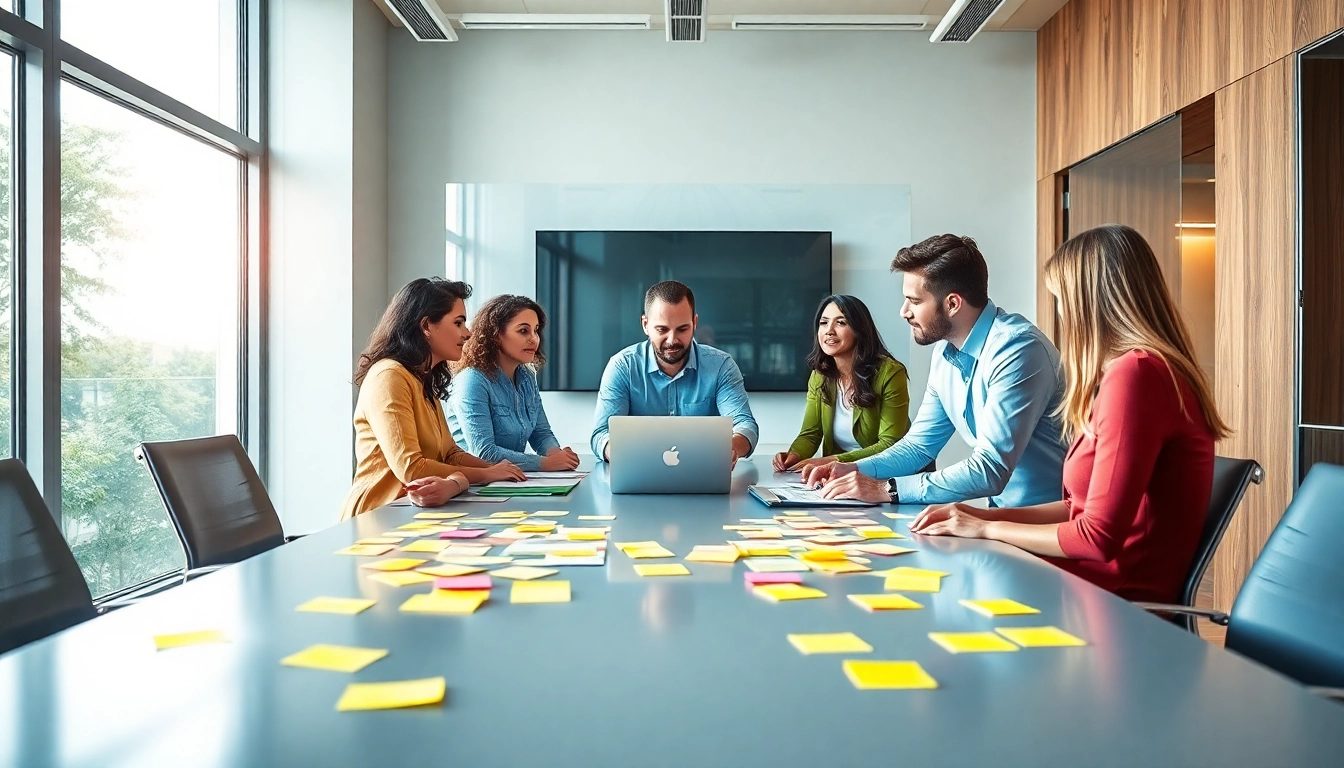 Team of designers in action at a web design company brainstorming strategies.