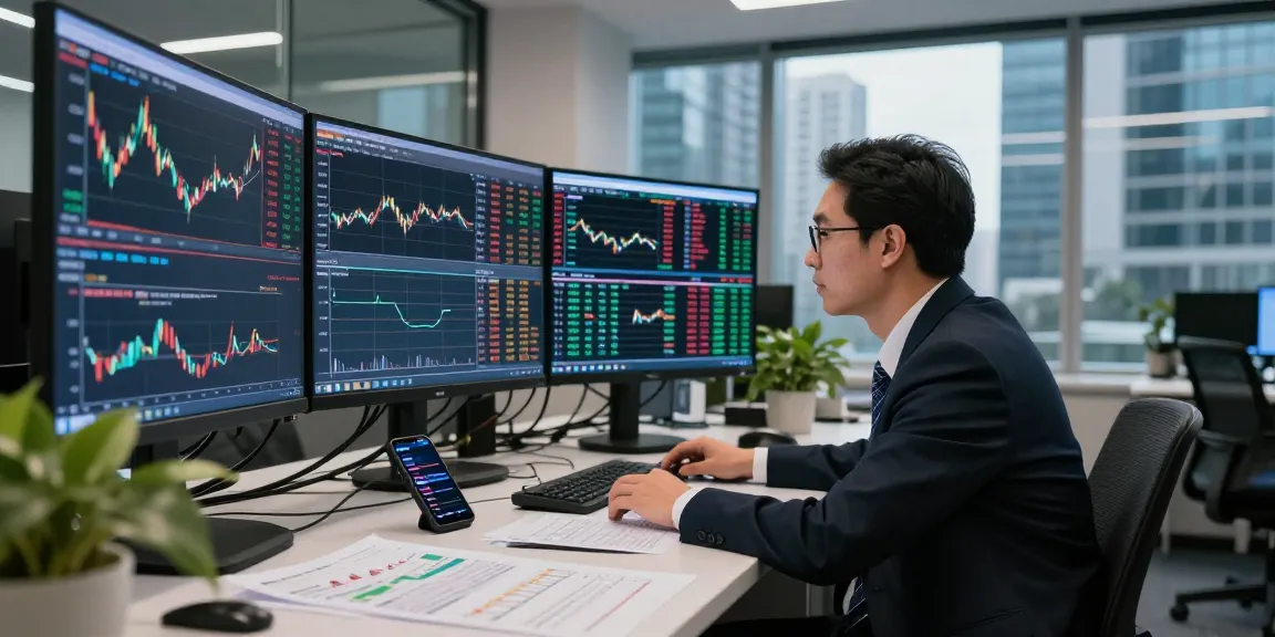 Trader analyzing stock market indices live in a bustling finance office during market hours.