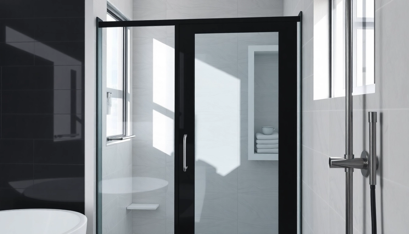 Showcasing a black shower sliding door in a sleek bathroom setting with modern design features.