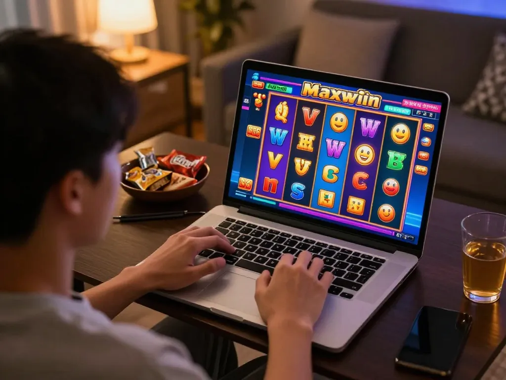 Playing slot gacor maxwin game on laptop, vibrant online casino experience at home.