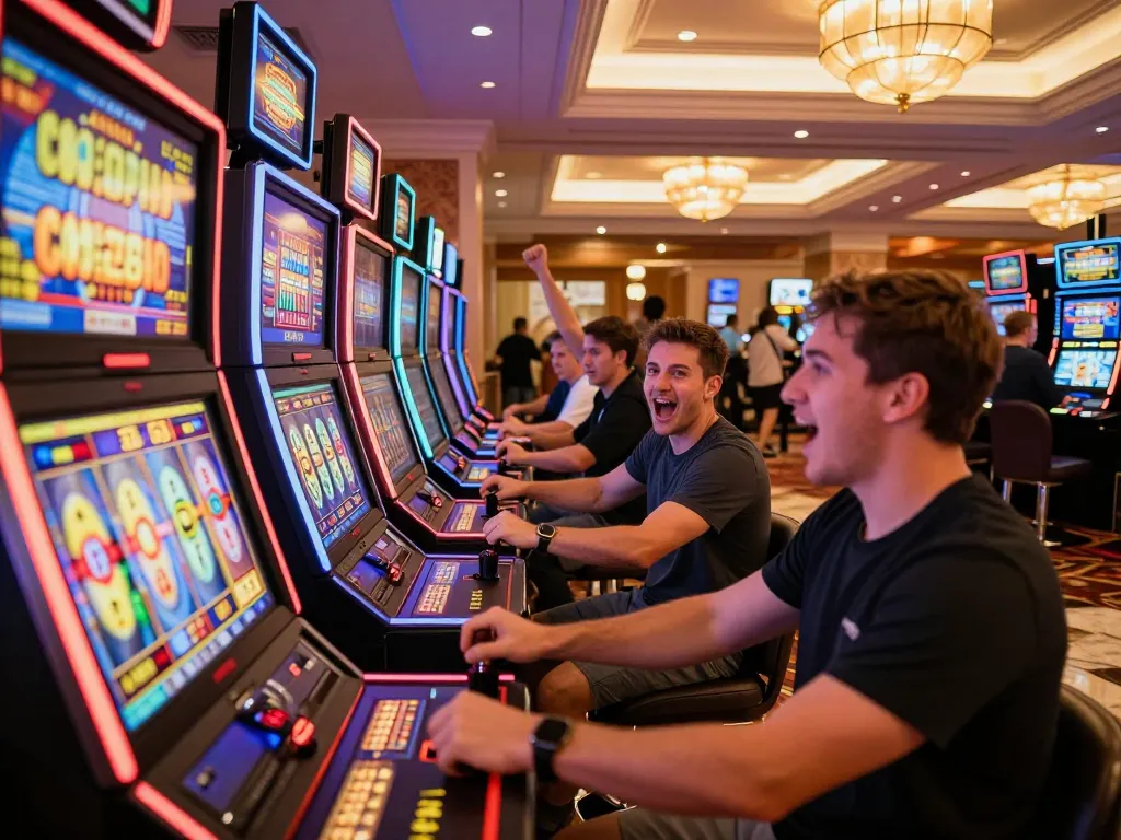Players enjoying dewa slot games with vibrant displays in a luxurious casino environment.