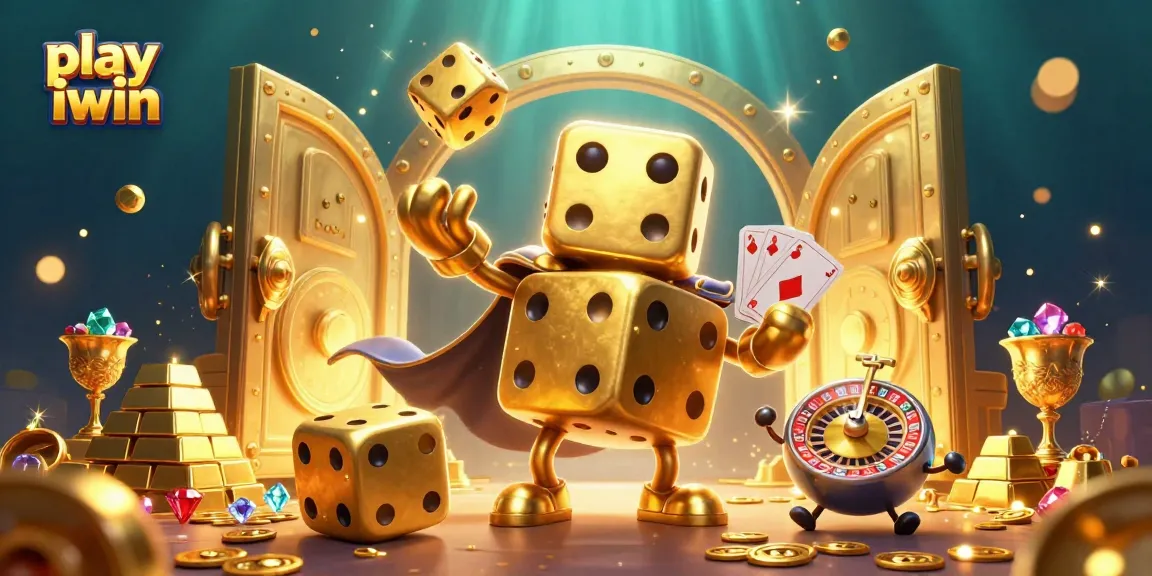 Play iwin with a vibrant 3D casino scene featuring golden dice and treasure elements, inviting excitement.