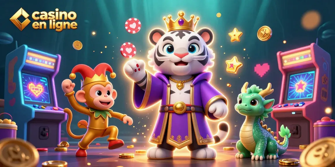 Casino en ligne avec un tigre élégant, un singe jongleur et un dragon en jade, décor lumineux.