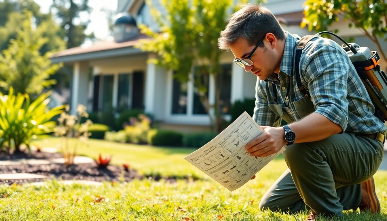 Top rated bug exterminator evaluates a residential yard for pests with expert tools and safety.