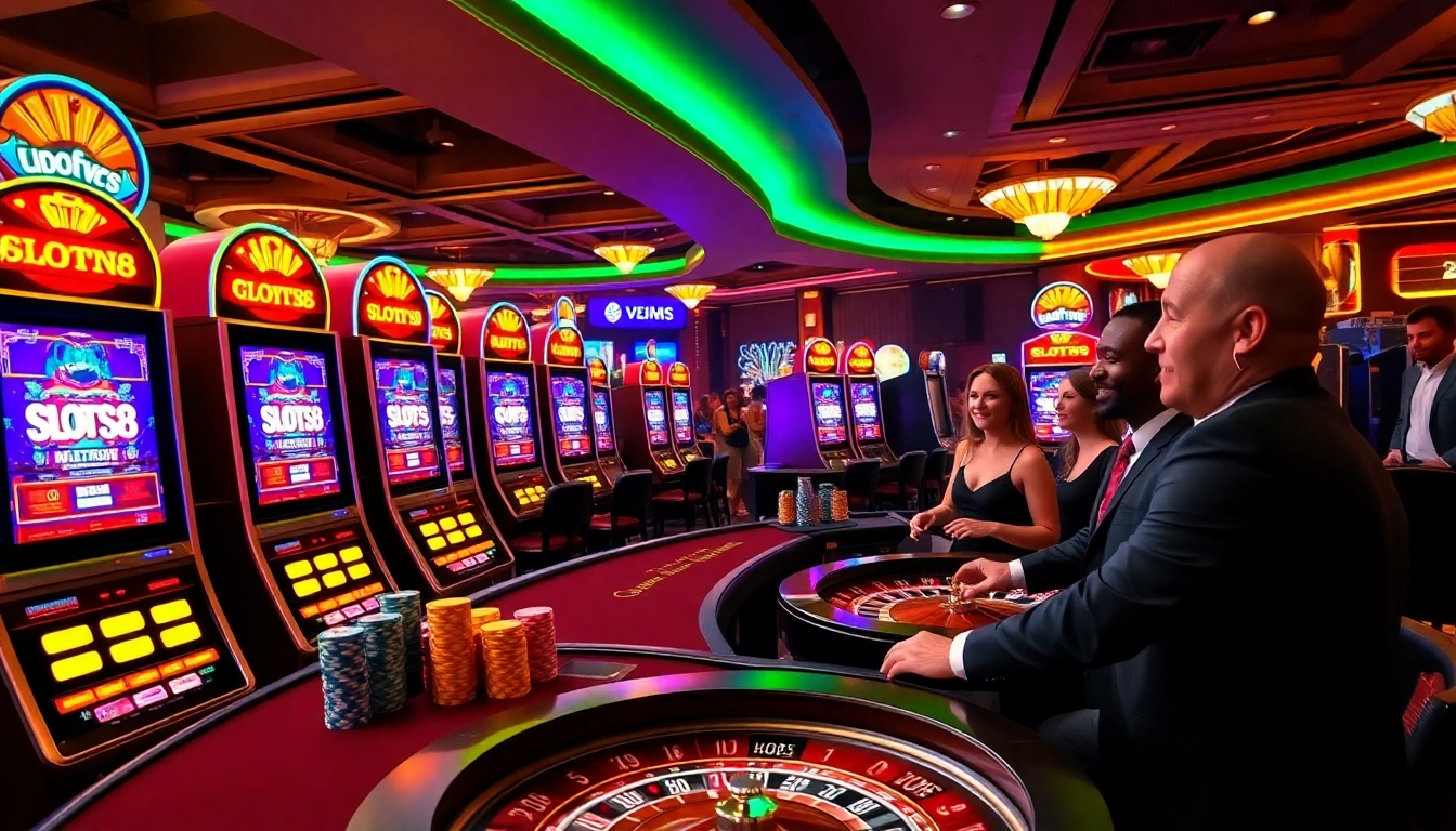 Players enjoying SLOTS8 slot machines in a luxurious casino setting, showcasing excitement and fun.