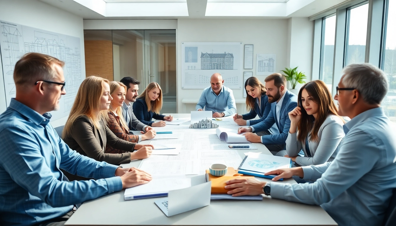 Members of a construction association collaborating on strategic plans in a bright, modern office.