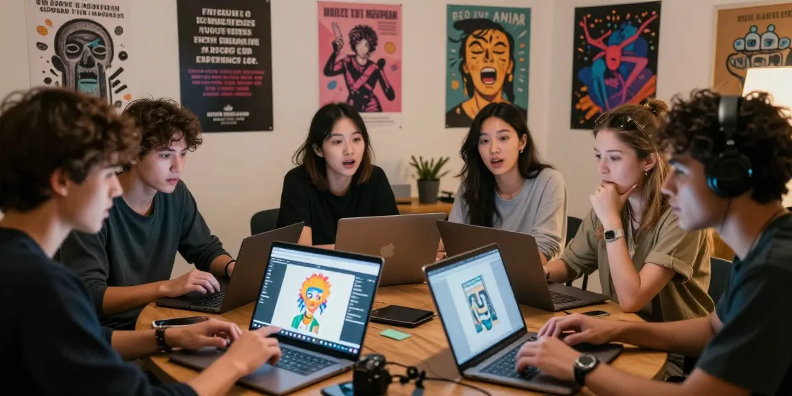 Dynamic online community discussing NSFW content with laptops and tablets, fostering engagement and creativity.