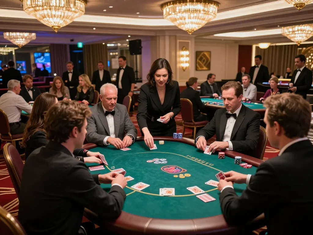 Players engaged in an intense poker game at a luxury casino showcasing BUKA77's premium gambling experience.