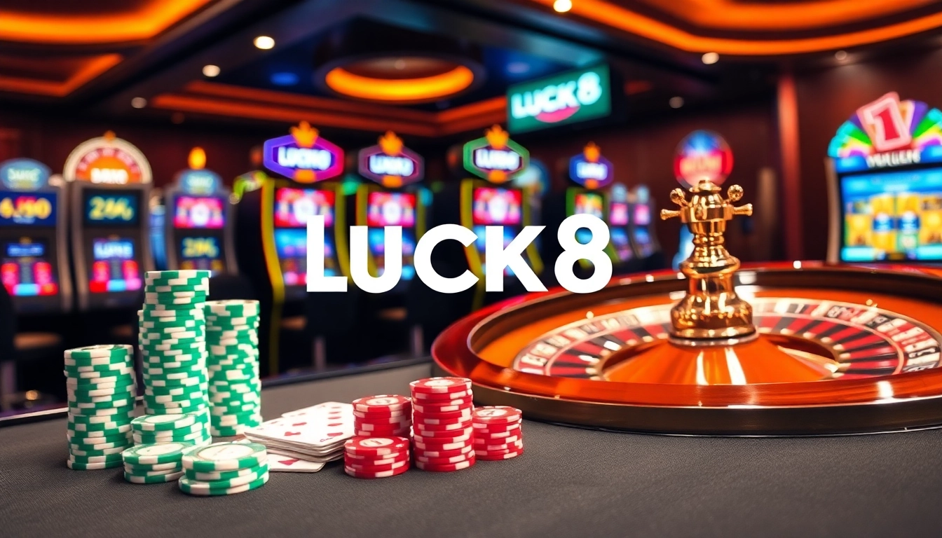 LUCK8 casino features an elegant poker table with vibrant cards and chips in action.