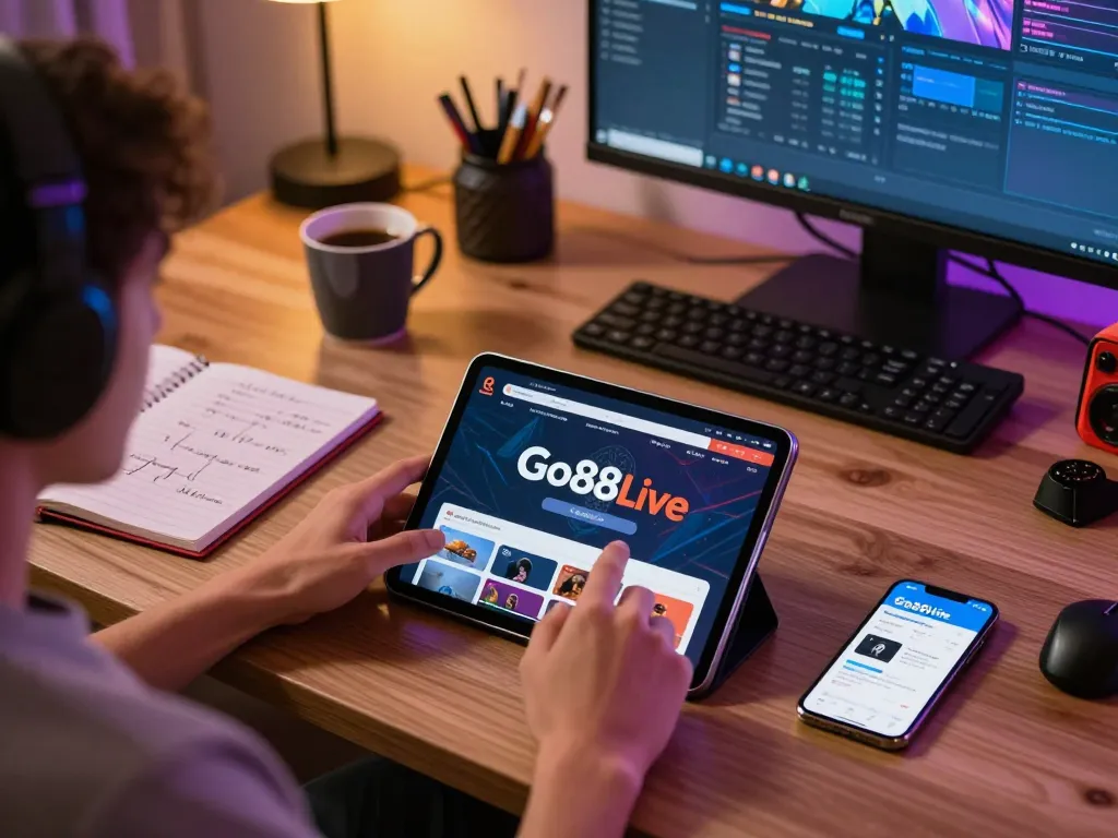 Player enjoying Go88live on tablet, surrounded by gaming strategies and personal touches in cozy setting
