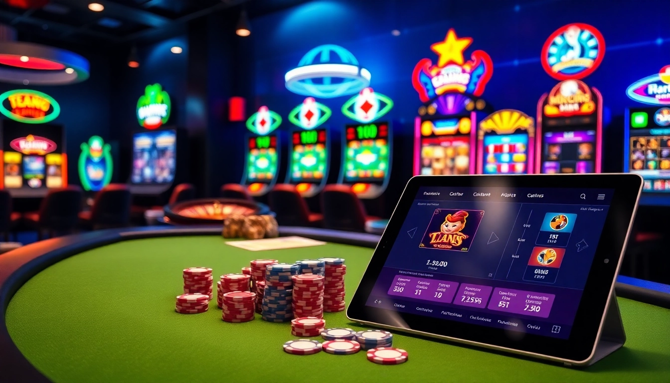Une scène palpitante du meilleur casino en ligne avec des tables de poker, des roues de roulette et des machines à sous colorées.