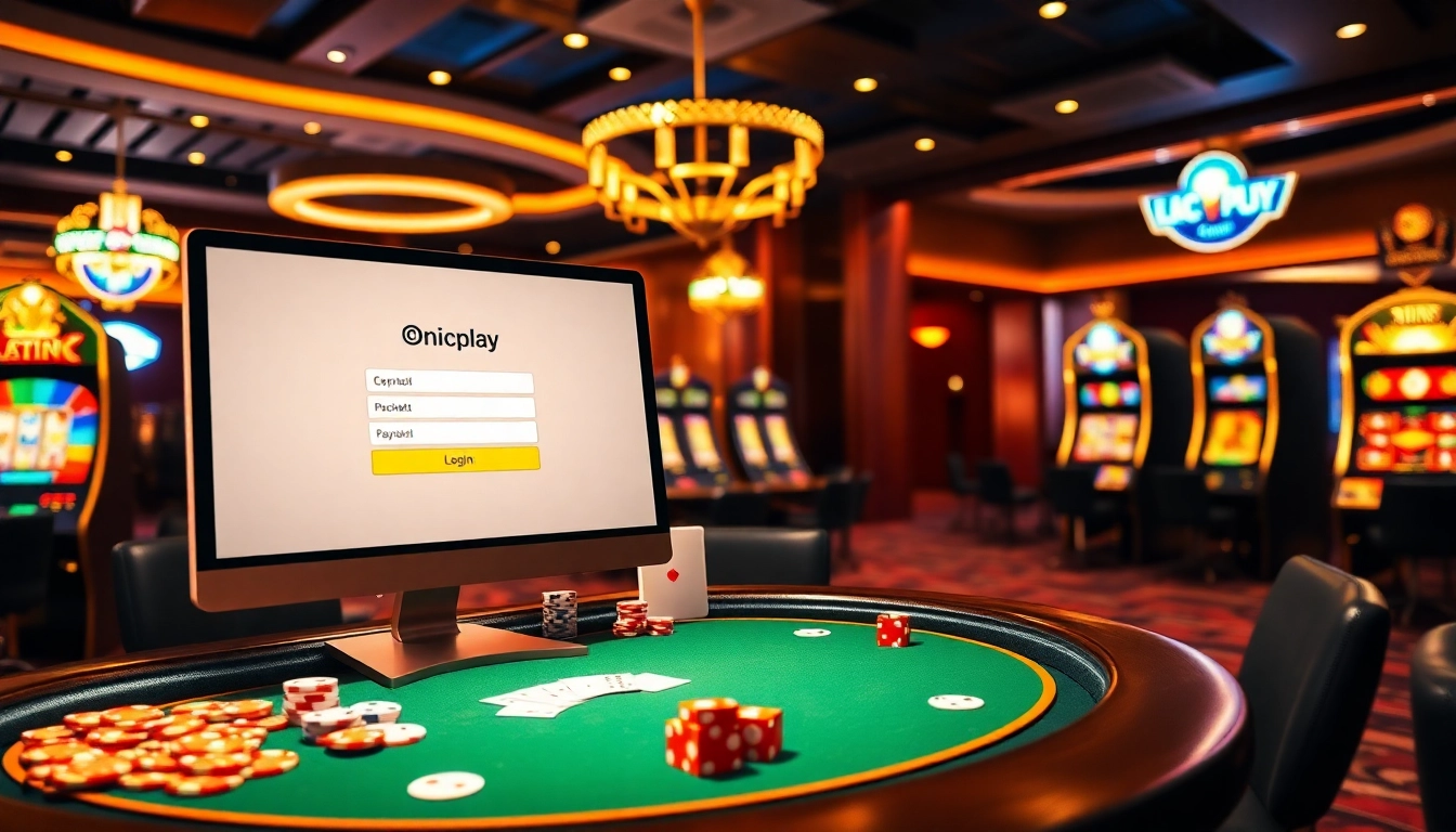 Engage with the Onicplay login experience amidst a lavish casino atmosphere filled with games and excitement.