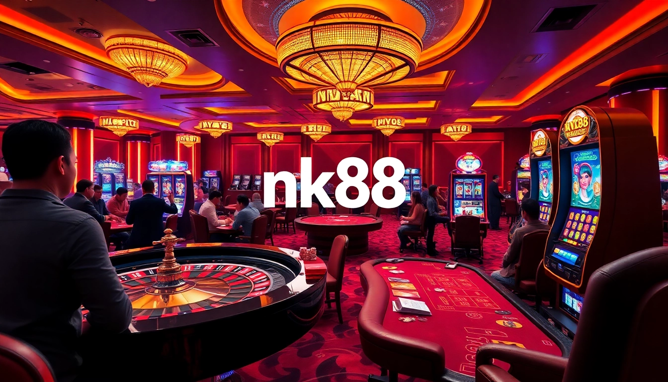 Gambling excitement at nk88 casino with poker players and a roulette wheel in action.