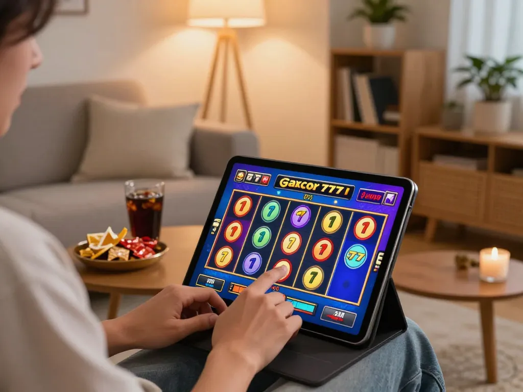Engaging in slot gacor 777 gameplay on a tablet, showcasing a cozy home environment with warm lighting.