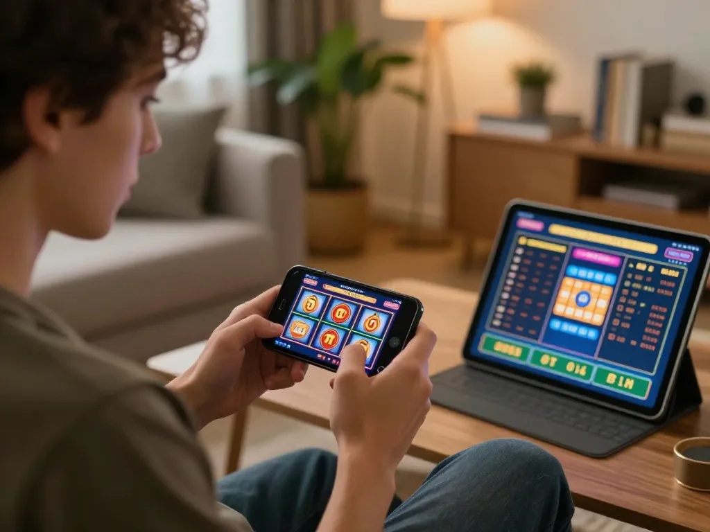 Engaging gameplay on a smartphone featuring dewa slot strategy in a cozy home setting.