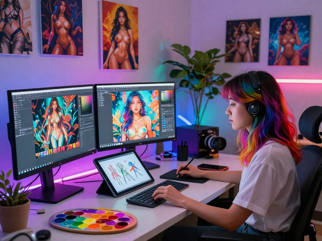 AI porn artwork creation scene with an artist using advanced tools in a vibrant digital studio.
