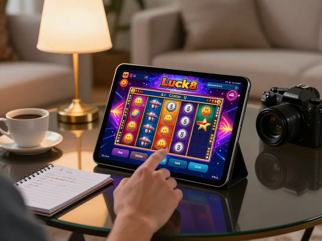 Luck8 player enjoying online slots with vibrant graphics on tablet in a cozy living room