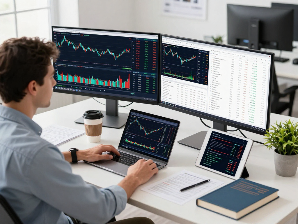TradingView analytical workspace with charts, data monitors, and a focused financial analyst in a professional setting.