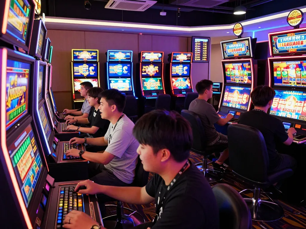 Skenario perjudian online laoban188 yang menarik dengan berbagai pemain yang terlibat di mesin slot virtual dalam suasana kasino yang semarak.