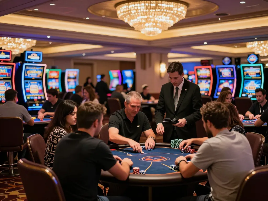 Players enjoying gajah toto games at a lively casino, focusing on engaged gameplay and vibrant slot machines.