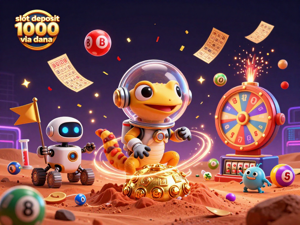 Slot deposit 1000 via dana dalam kasino bergaya luar angkasa dengan gecko Martian meriah.