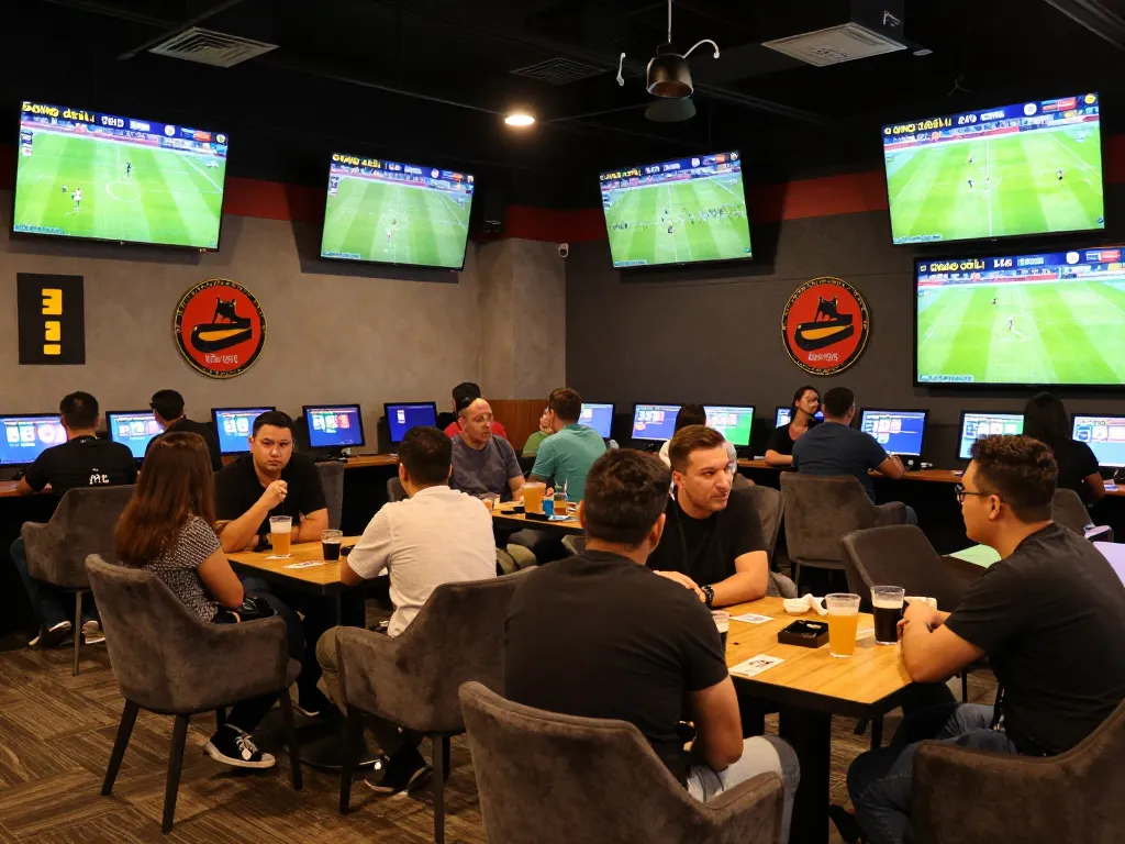Bong da lu sports betting atmosphere with fans excitedly discussing odds and matches.