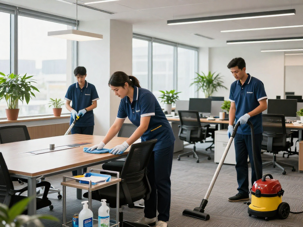 Büroreinigung Firma Dortmund bei der professionellen Reinigung eines modernen Büros mit mehreren Reinigungskräften.