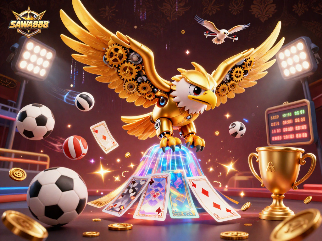 SAWA888 delivers exhilarating gaming through an action-packed scene featuring a cybernetic eagle and dynamic sports elements.