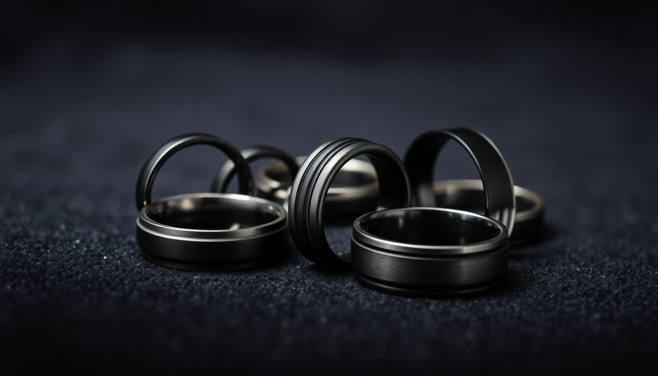 Showcase of Black Zirconium Rings highlighting unique designs and finishes against a dark backdrop.
