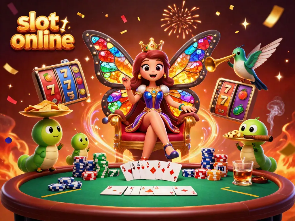 Slot online menyuguhkan ilustrasi slot berwarna-warni dengan perayaan di kasino.
