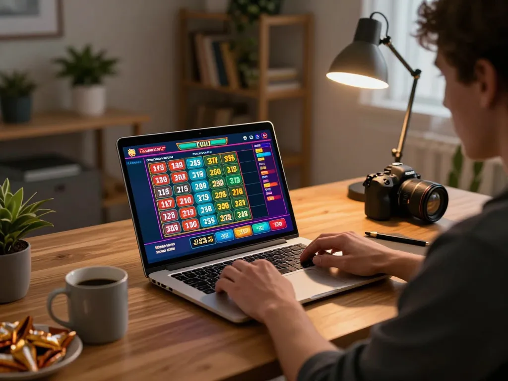 Engaging in gta togel online gameplay on a modern laptop setup with personalized home decor.