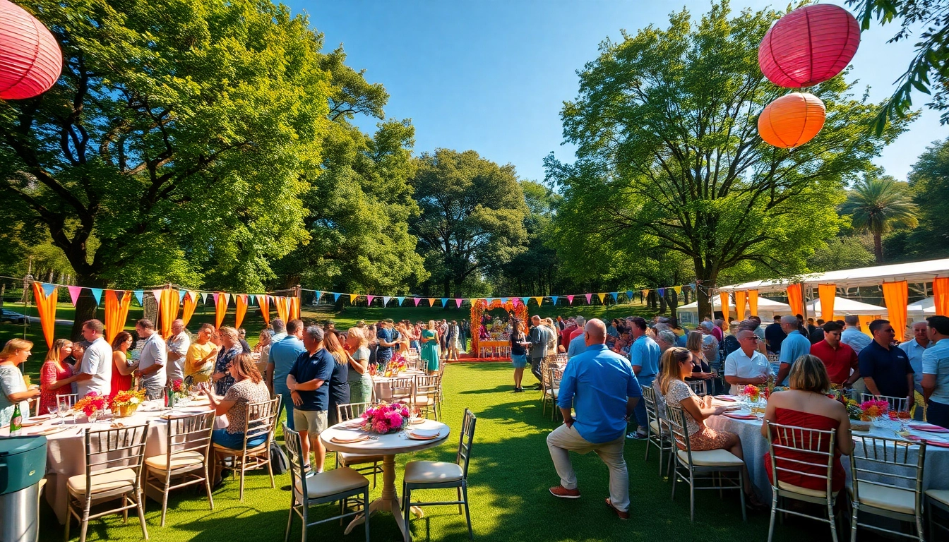 Guests enjoying a festive outdoor setting showcasing Event Rentals with vibrant decorations and joyful atmosphere.
