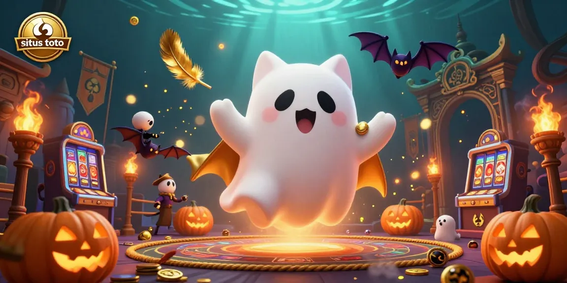 Engage with situs toto in this vibrant 3D ghost cat casino scene, featuring dynamic slot machines and glowing jack-o-lanterns.