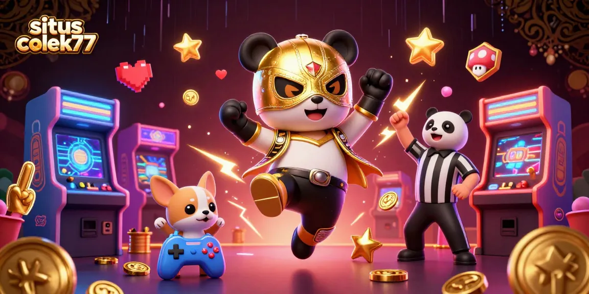 Situs colek77 features a dynamic 3D wrestling panda while the crowd cheers, showcasing casino excitement.
