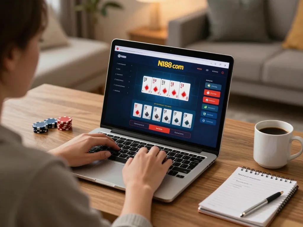 Person engaging in online poker on N188 com while enjoying a cozy home atmosphere.