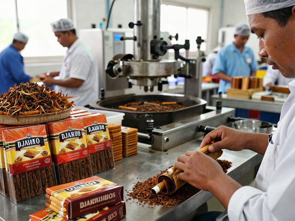 Workers producing DJARUM BOS clove cigarettes in modern factory with aromatic tobacco.