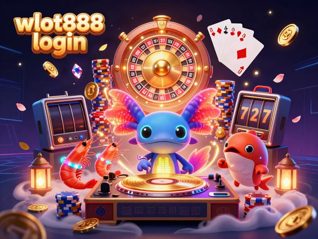Permainan menarik di wslot888 login dengan DJ axolotl dan karakter lucu lainnya dalam suasana penuh koin emas.