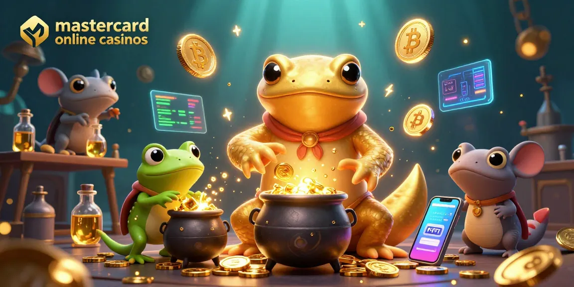 Engage with mastercard online casinos through a magical scene featuring a golden salamander alchemist, cauldron and vibrant game elements.