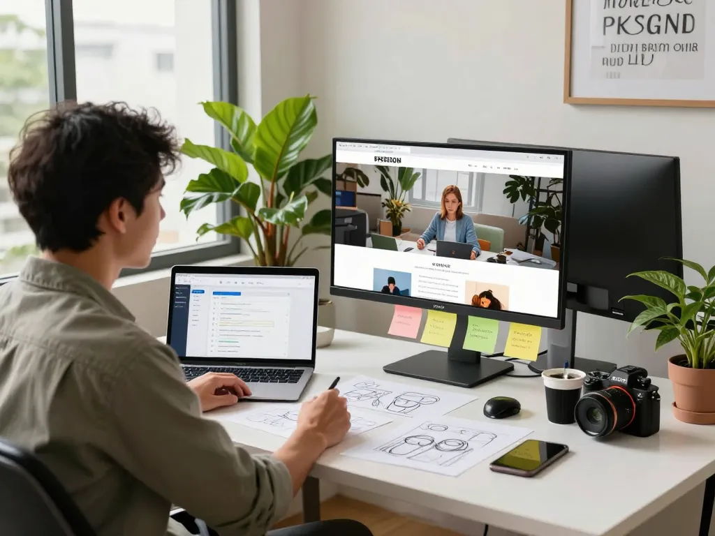 Freelance web designer Malaysia collaborating with a client in a modern studio.