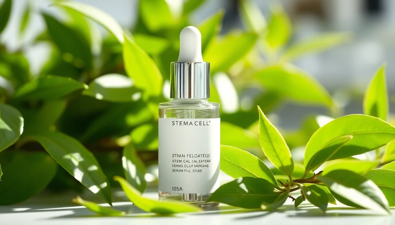 Engaging representation of stem cell skincare serum highlighted against fresh botanicals.