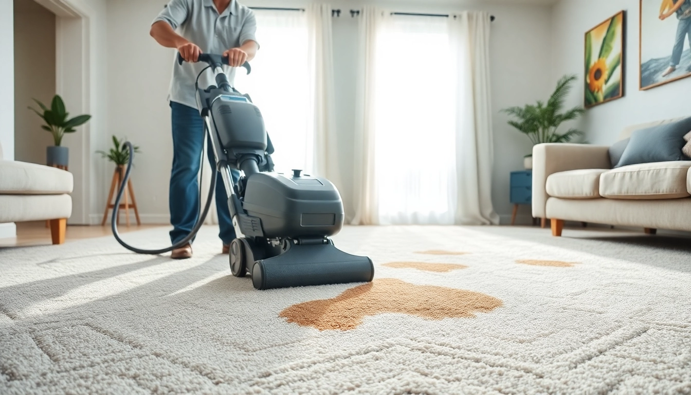 Finding the best carpet cleaners near me as a professional cleans a vibrant living room carpet.